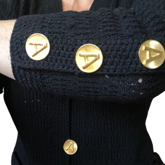 Vtg 70s ADOLFO New York Gold A Button Pointelle Knit ILGWU USA Cardigan Blazer - Picture 6 of 16